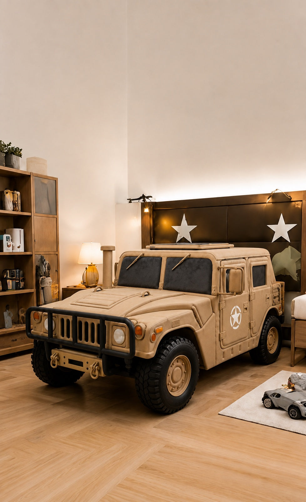 Commander Bed con diseño de vehículo militar en una habitación infantil
