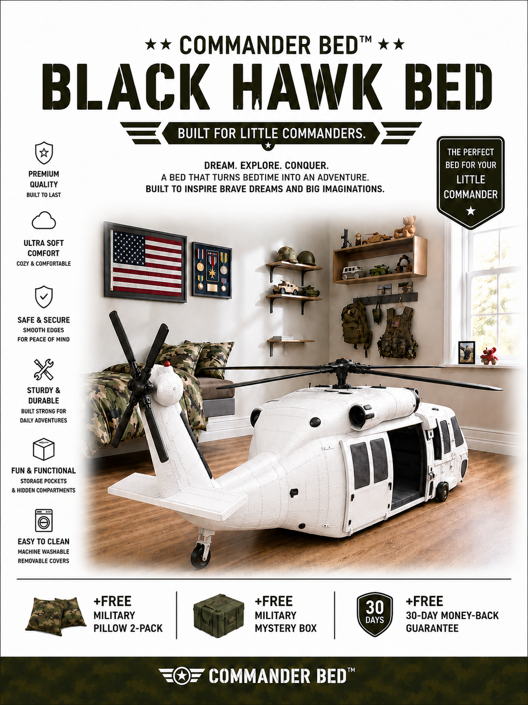 Commander Bed™ – Black Hawk Helicopter White Ghost Camo